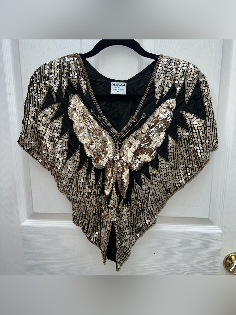 Vintage Black Tunic with Gold Sequin Wing Detail